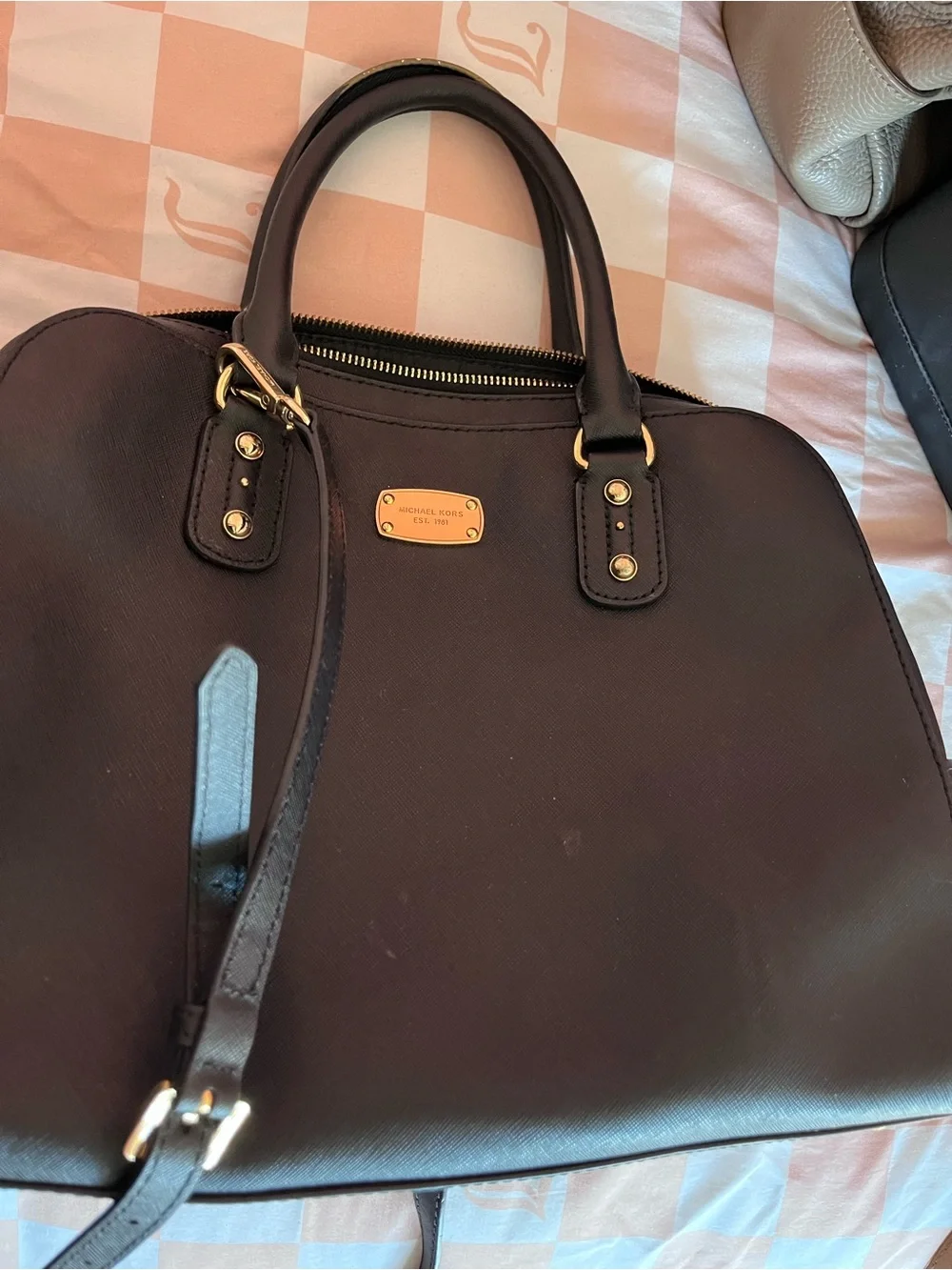 Michael Kors Black Saffiano Dome Satchel with Gold Hardware